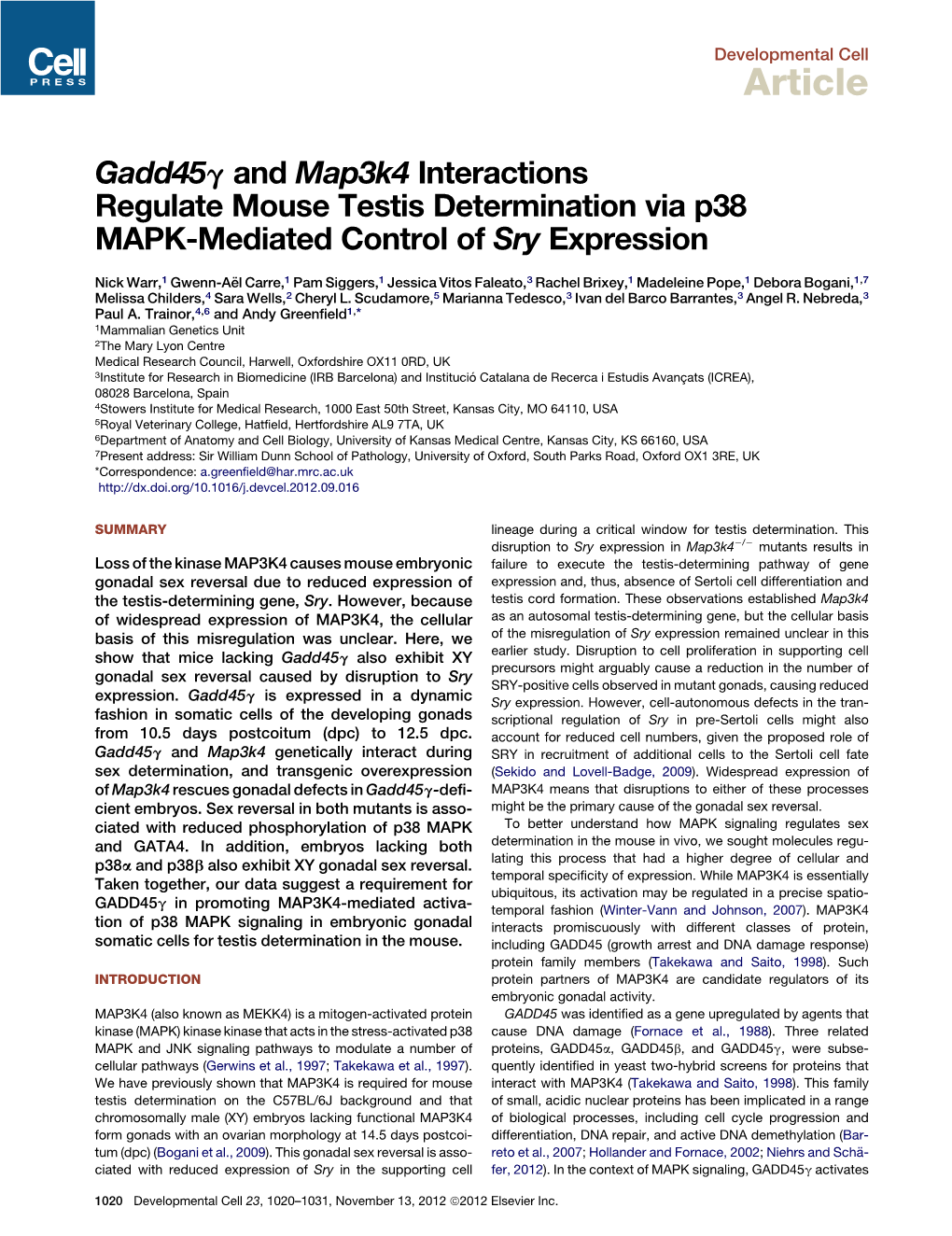 And Map3k4 Interactions Regulate Mouse Testis Determination Via P38 MAPK-Mediated Control of Sry Expression