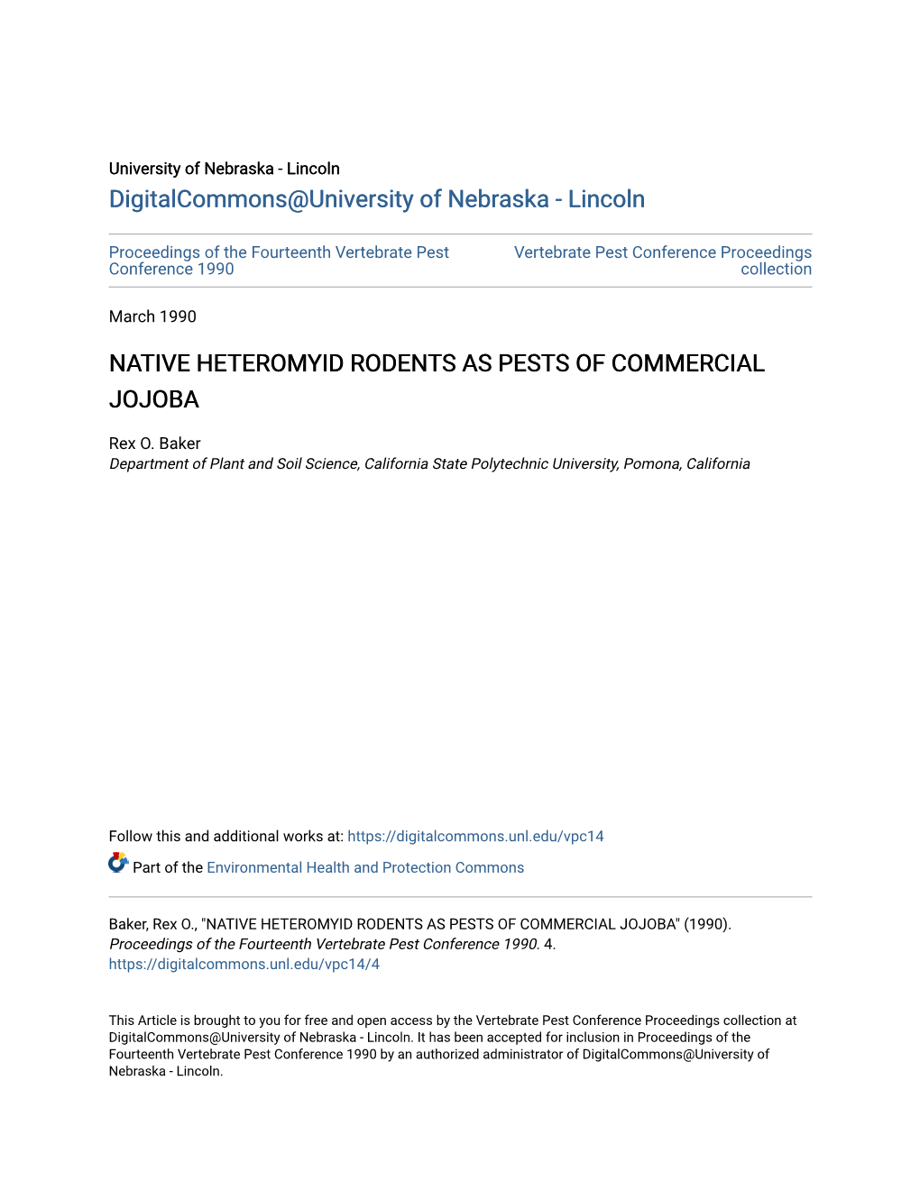 Native Heteromyid Rodents As Pests of Commercial Jojoba