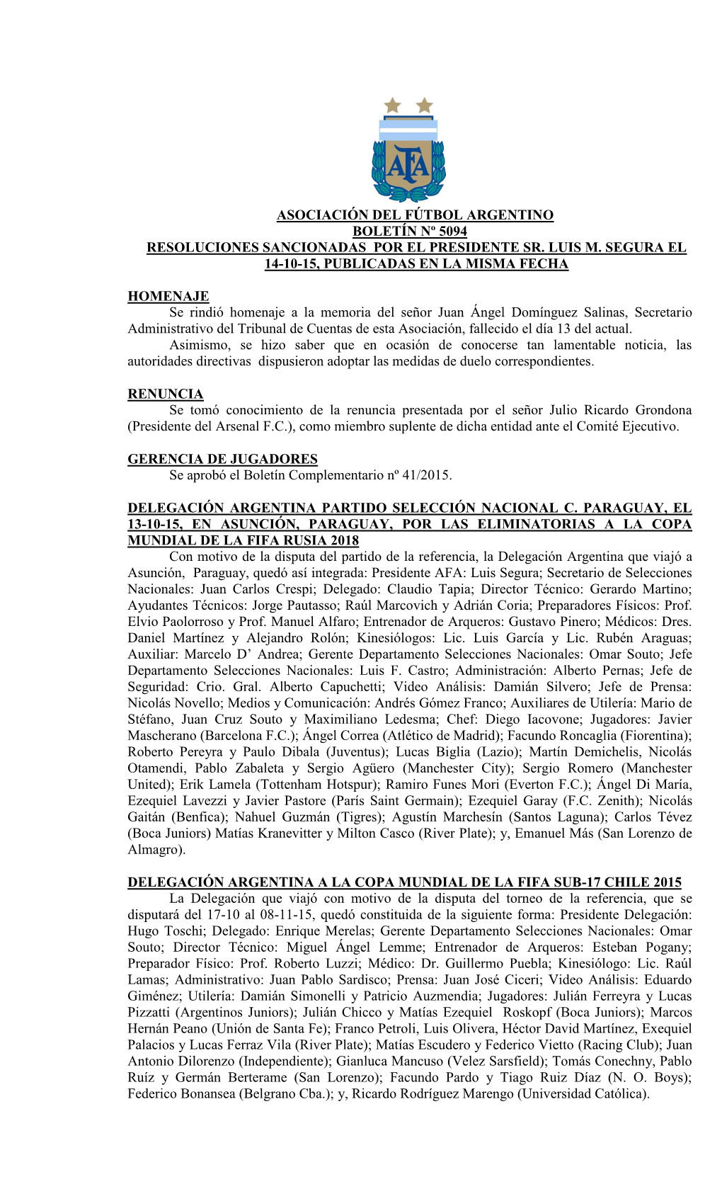 Asociación Del Fútbol Argentino Boletín Nº 5094 Resoluciones Sancionadas Por El Presidente Sr