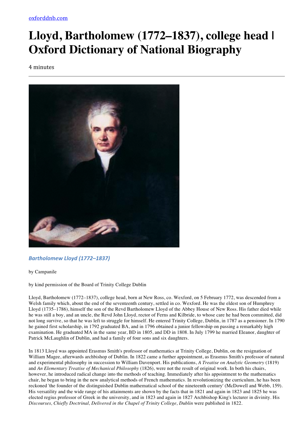 Lloyd, Bartholomew (1772–1837), College Head | Oxford Dictionary of National Biography