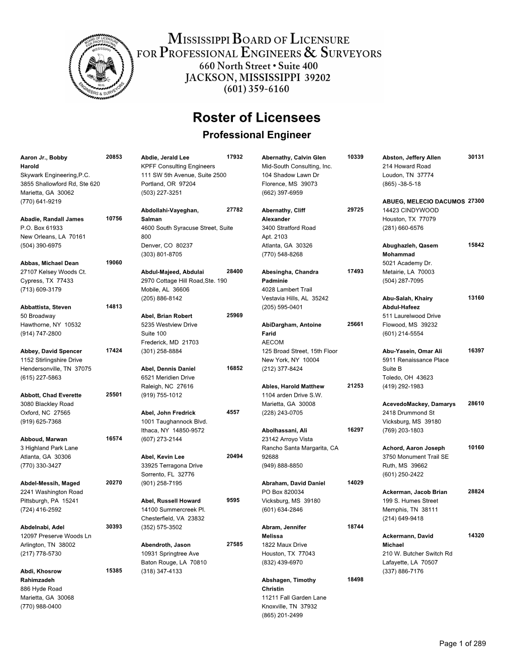 Roster of Licensees Professional Engineer