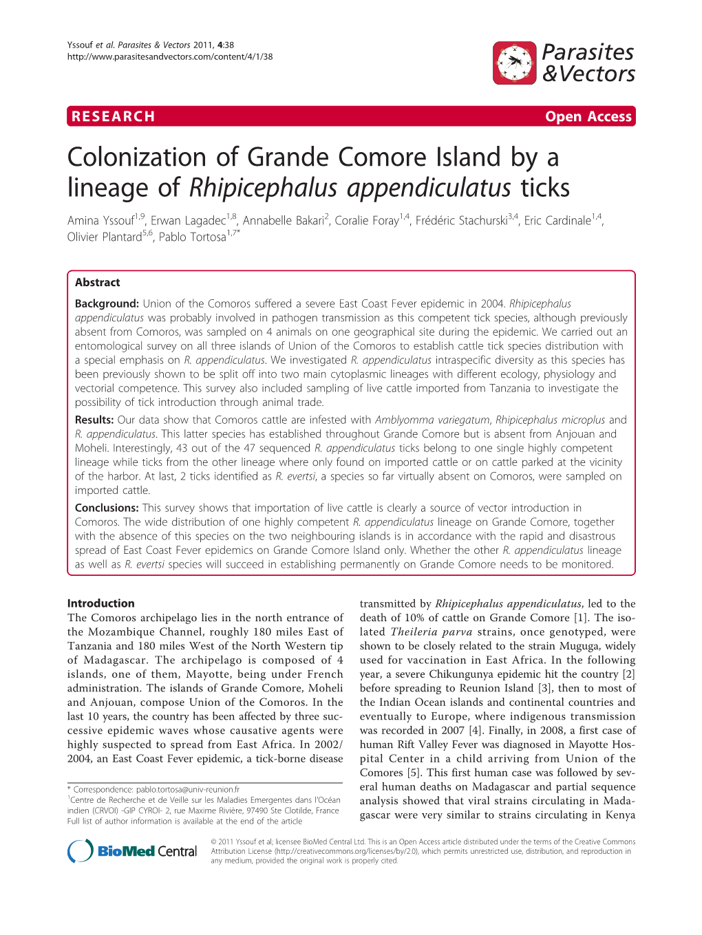 Colonization of Grande Comore Island by a Lineage of Rhipicephalus Appendiculatus Ticks