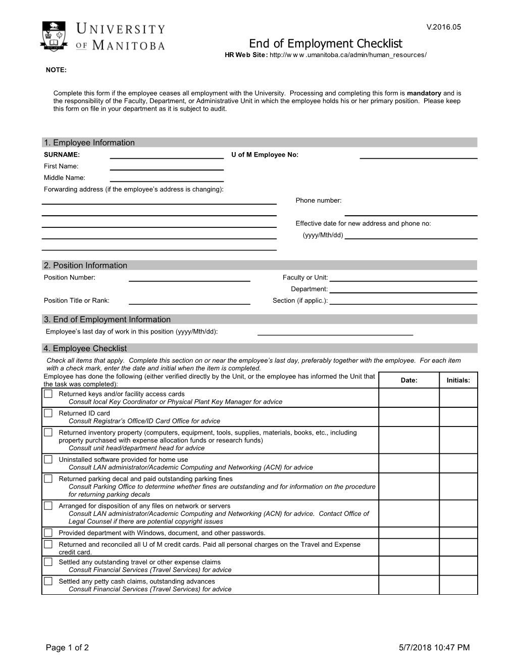 Complete This Form If the Employee Ceases All Employment with the University. Processing