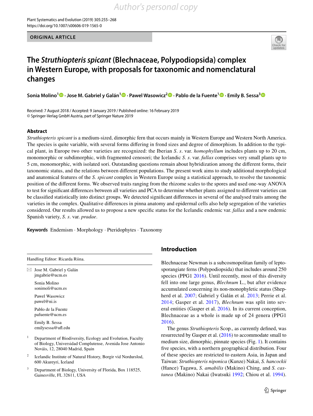 The Struthiopteris Spicant (Blechnaceae, Polypodiopsida) Complex in Western Europe, with Proposals for Taxonomic and Nomenclatural Changes