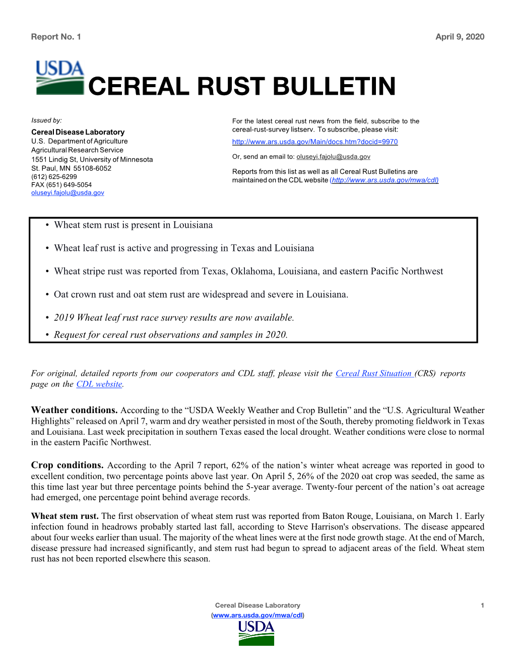 Cereal Rust Bulletin #1