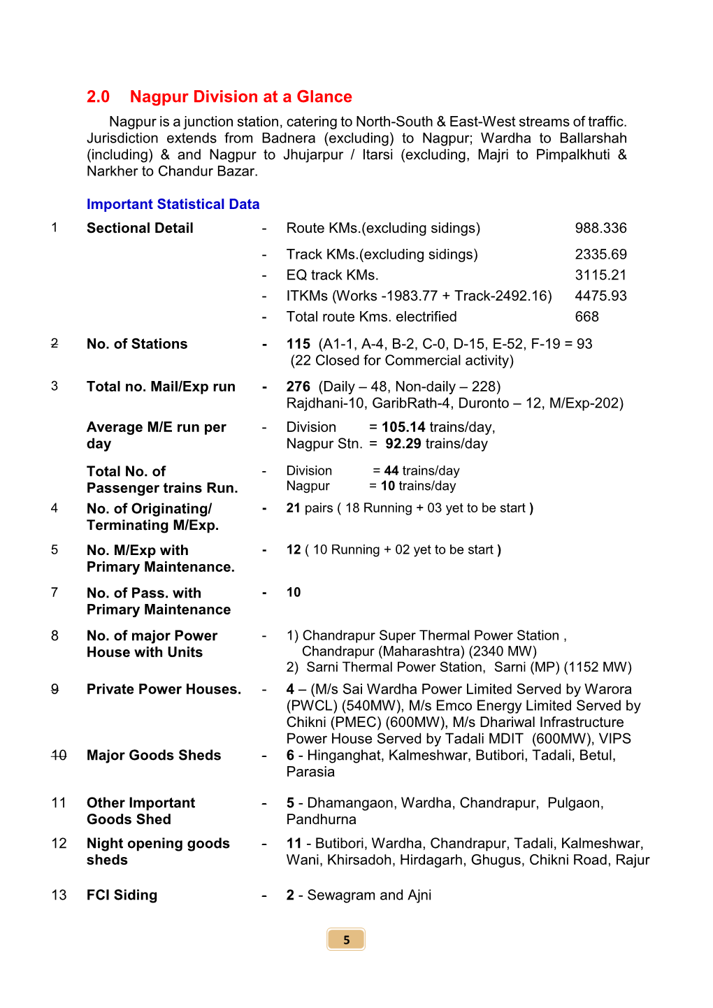 2.0 Nagpur Division at a Glance Nagpur Is a Junction Station, Catering to North-South & East-West Streams of Traffic