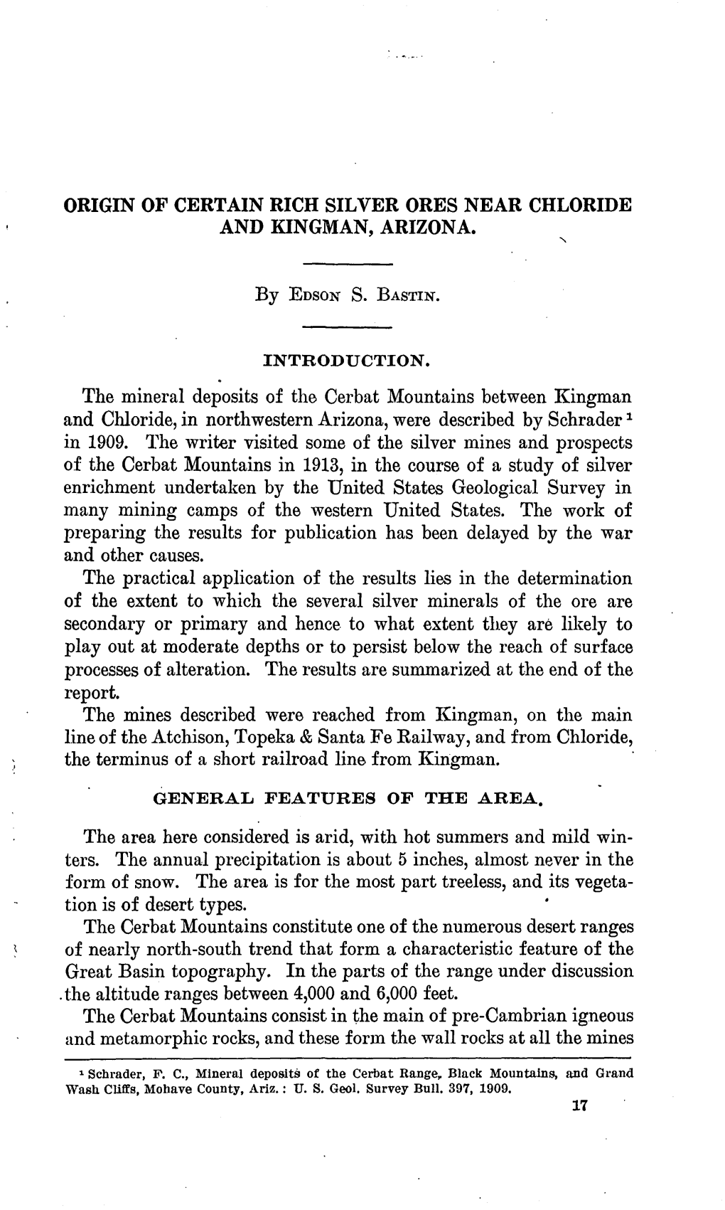 Origin of Certain Rich Silver Ores Near Chloride and Kingman, Arizona