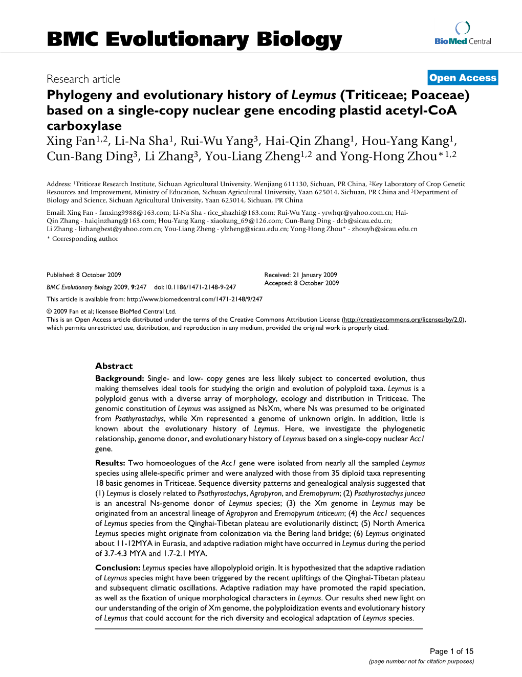 Phylogeny and Evolutionary History of Leymus (Triticeae; Poaceae) Based