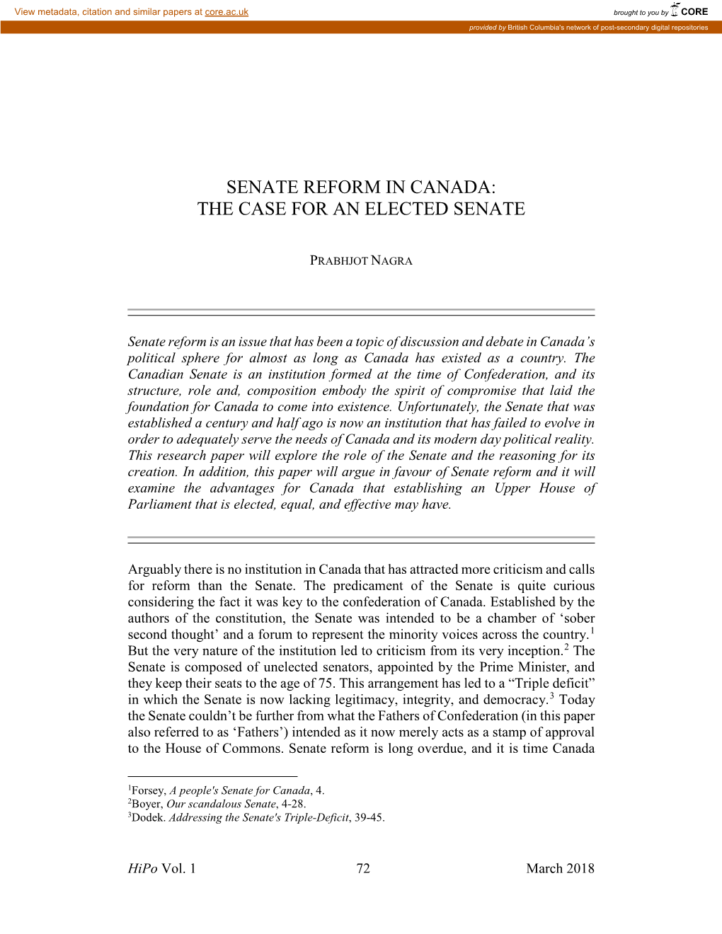 Senate Reform in Canada: the Case for an Elected Senate