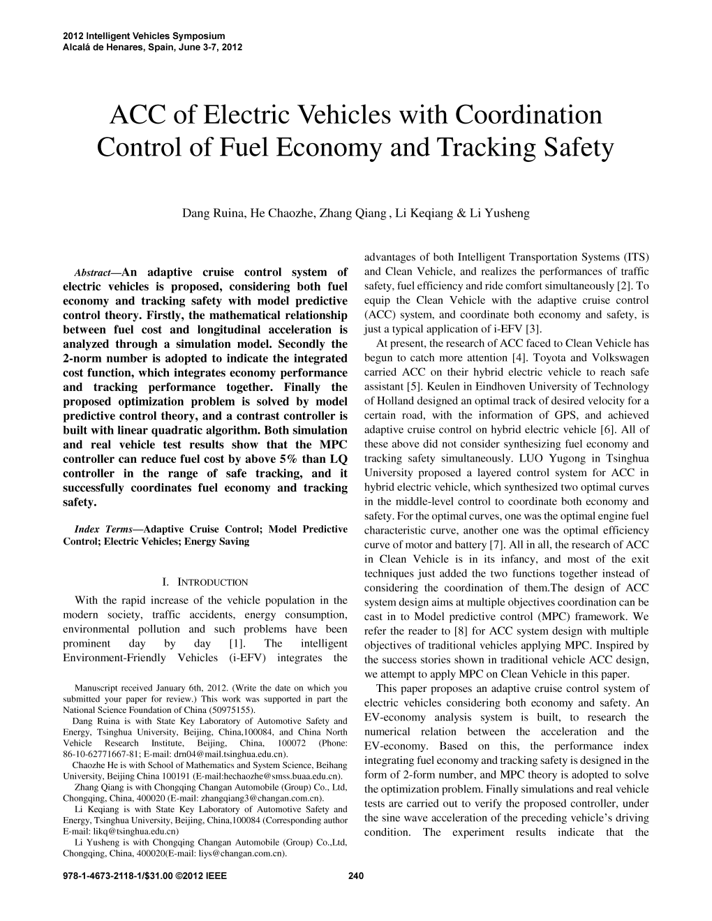 ACC of Electric Vehicles with Coordination Control of Fuel Economy and Tracking Safety