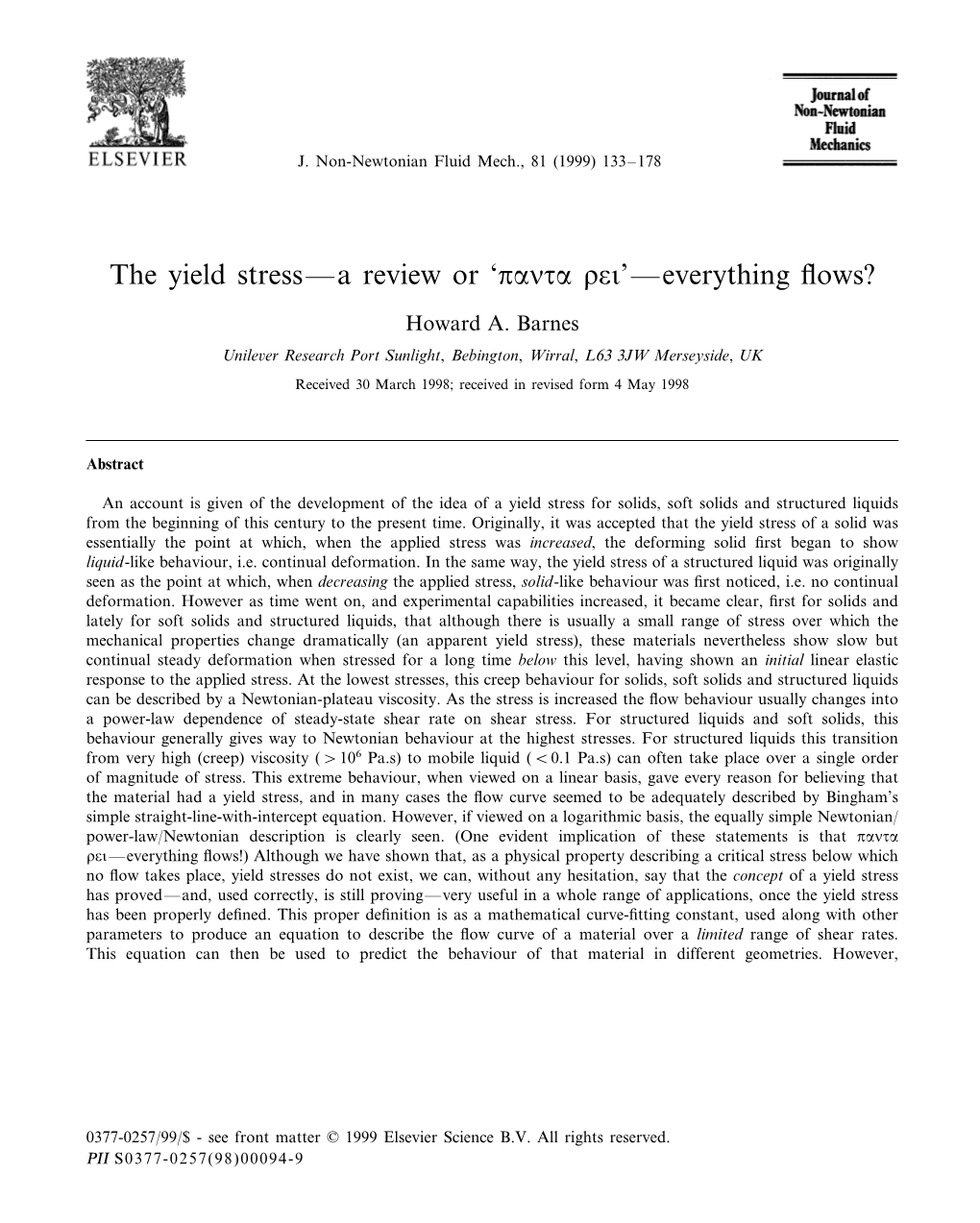 (1999) the Yield Stress—A Review Or 'Panta Roi'-Everything Flows?