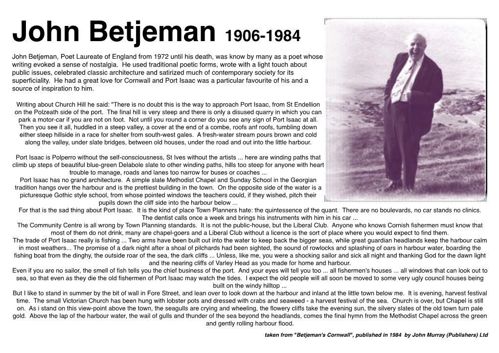 John Betjeman, Poet Laureate of England from 1972 Until His Death, Was Know by Many As a Poet Whose Writing Evoked a Sense of Nostalgia