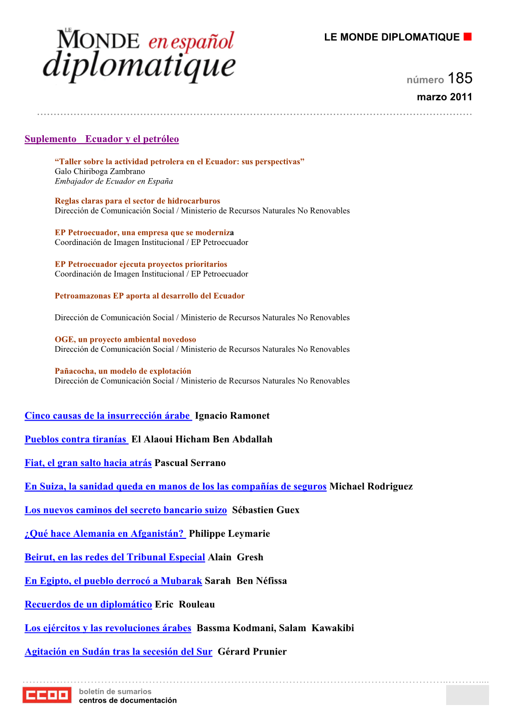 LE MONDE DIPLOMATIQUE Número 185 Marzo 2011