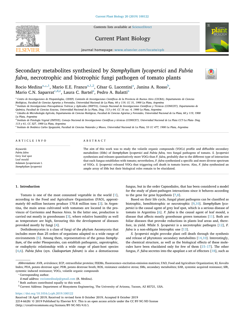 Secondary Metabolites Synthesized by Stemphylium Lycopersici and Fulvia Fulva, Necrotrophic and Biotrophic Fungi Pathogen of Tomato Plants T