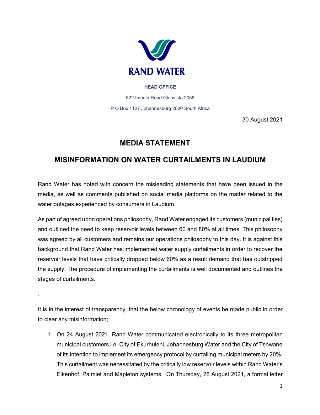 Media Statement Misinformation on Water Curtailments in Laudium