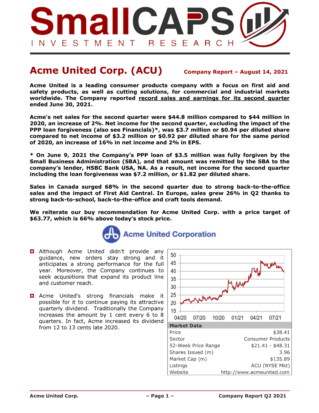 Acme United Corp. (ACU) Company Report – August 14, 2021