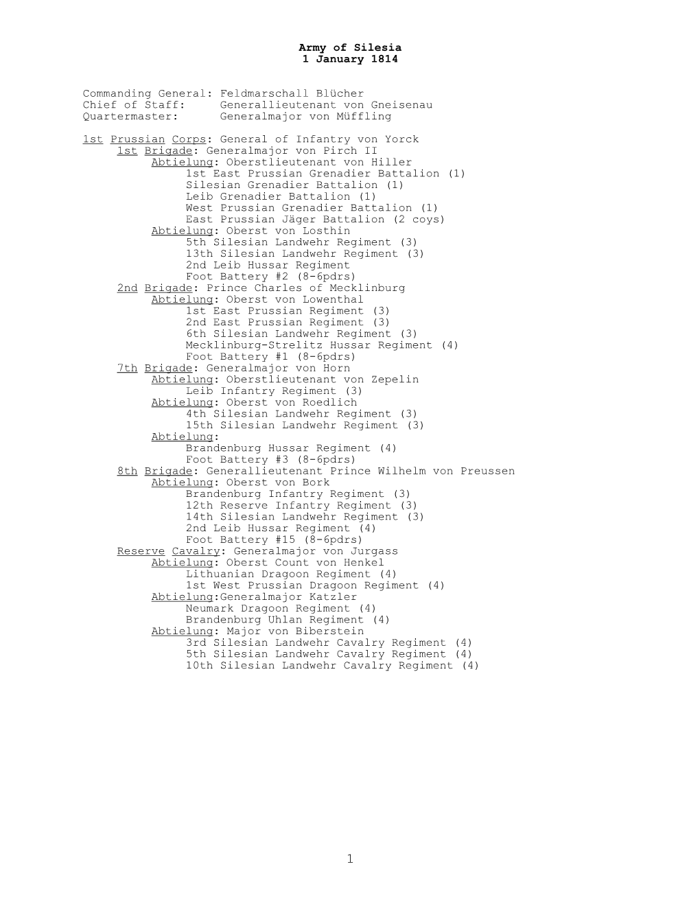 Prussian Army of Silesia, 1 January 1814