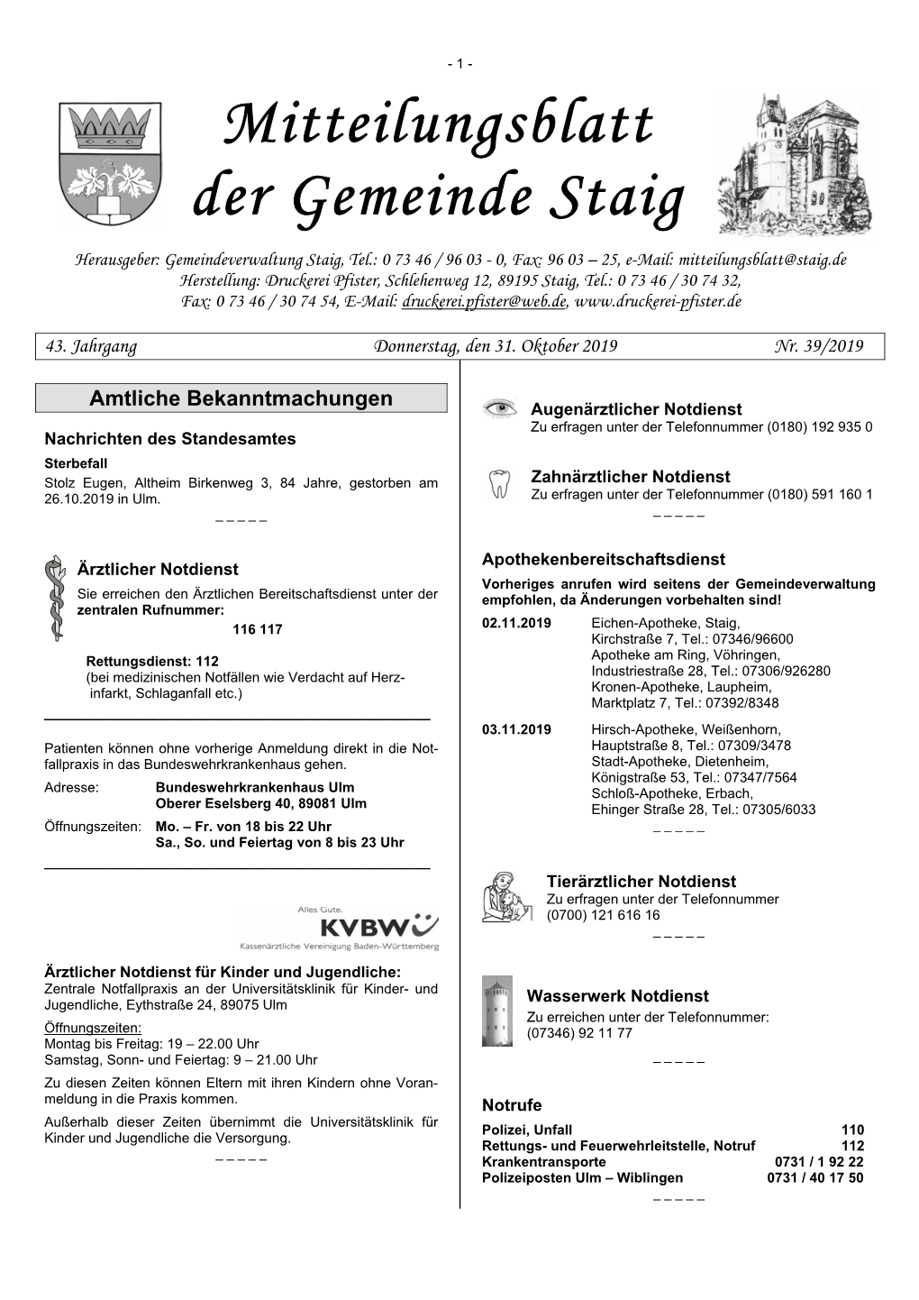 Mitteilungsblatt Der Gemeinde Staig