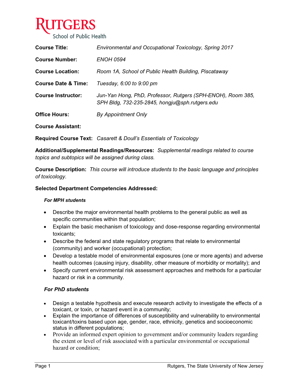 Environmental and Occupational Toxicology, Spring 2017