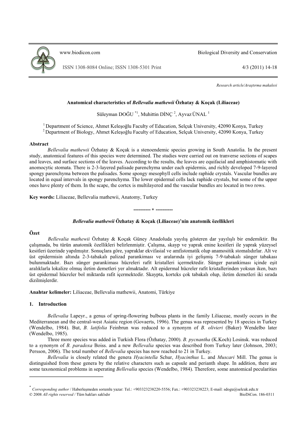 Anatomical Characteristics of Bellevalia Mathewii Özhatay & Koçak (Liliaceae)