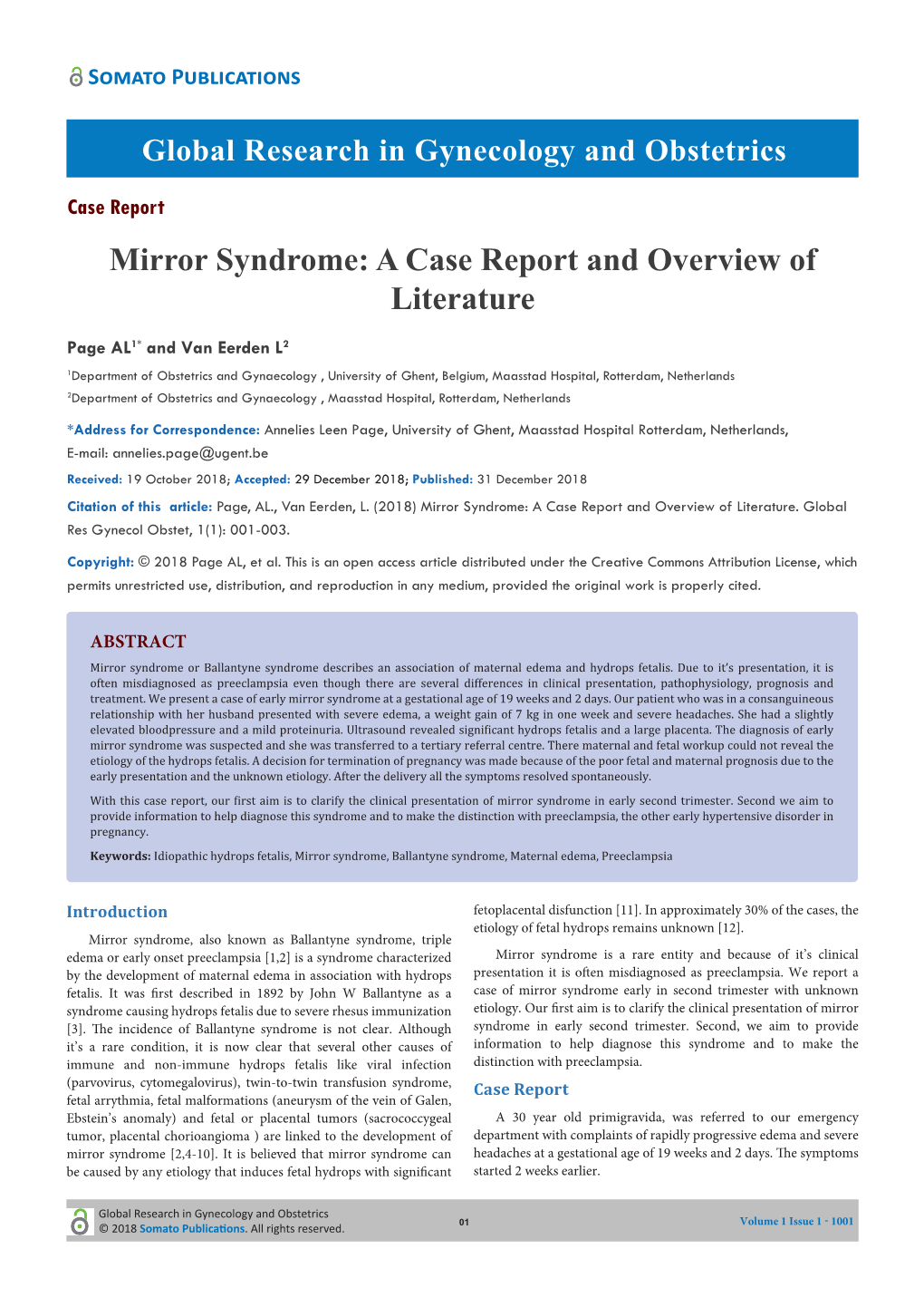 Mirror Syndrome: a Case Report and Overview of Literature
