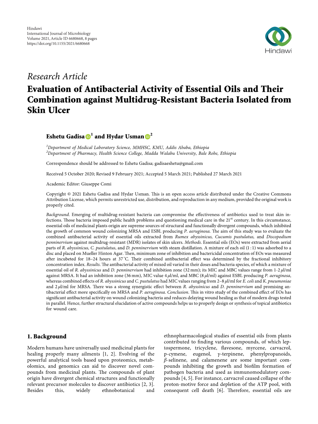 Evaluation of Antibacterial Activity of Essential Oils and Their Combination Against Multidrug-Resistant Bacteria Isolated from Skin Ulcer