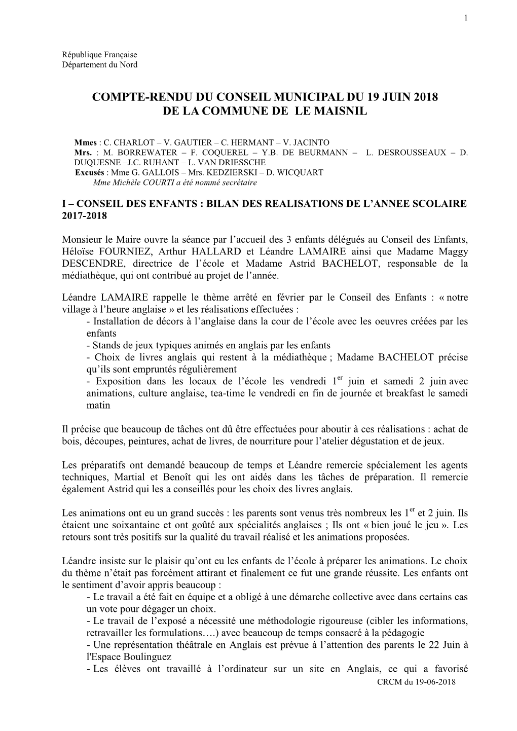 Compte-Rendu Du Conseil Municipal Du 19 Juin 2018 De La Commune De Le Maisnil
