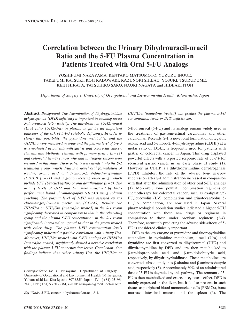 Correlation Between the Urinary Dihydrouracil-Uracil Ratio and the 5-FU Plasma Concentration in Patients Treated with Oral 5-FU Analogs