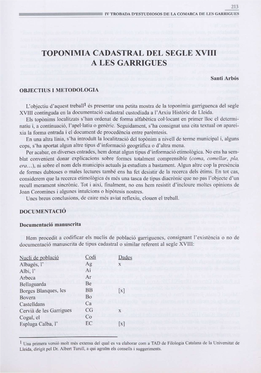 Toponimia Cadastral Del Segle Xviii a Les Garrigues
