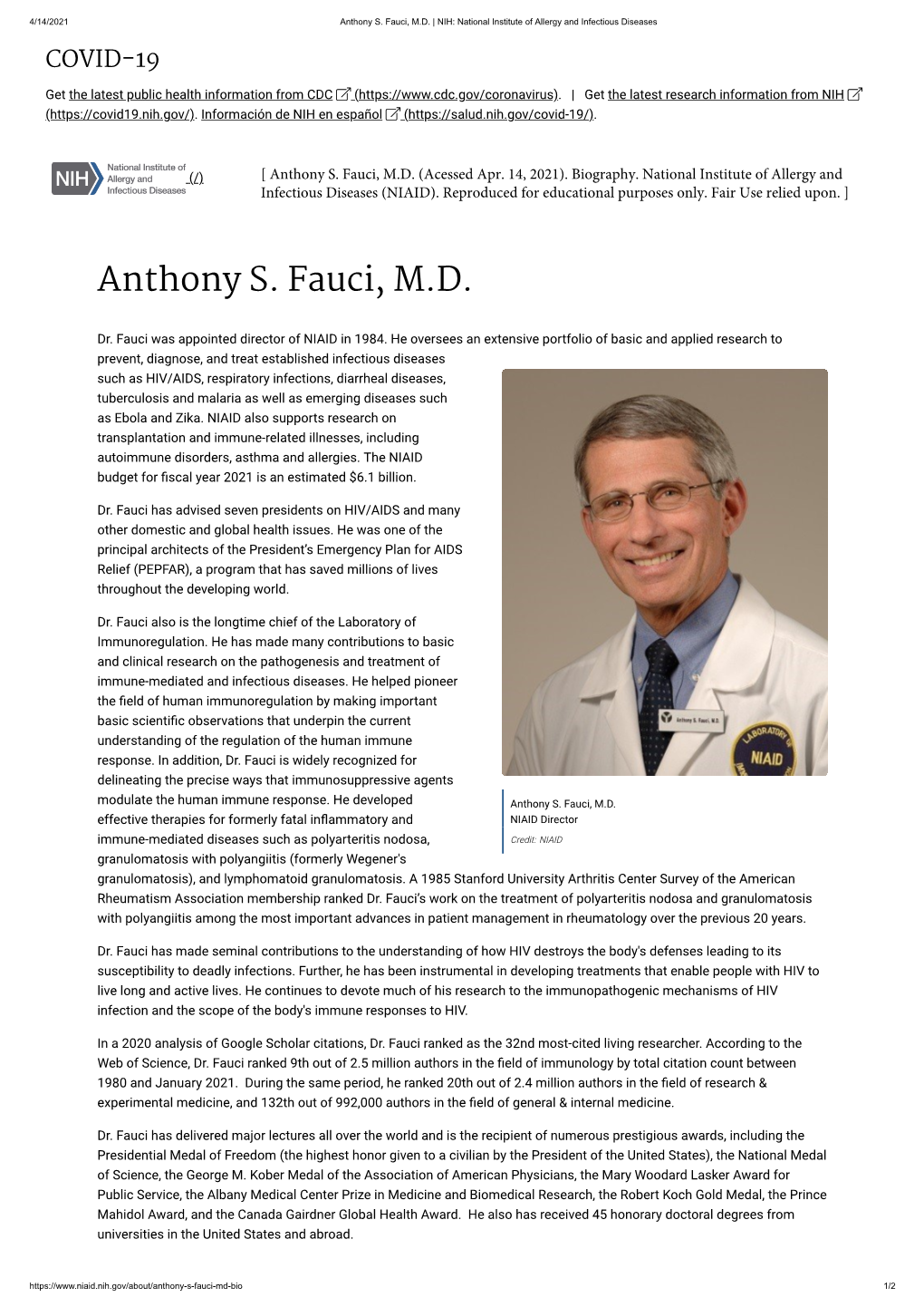 Anthony S. Fauci, M.D. | NIH: National Institute of Allergy and Infectious Diseases