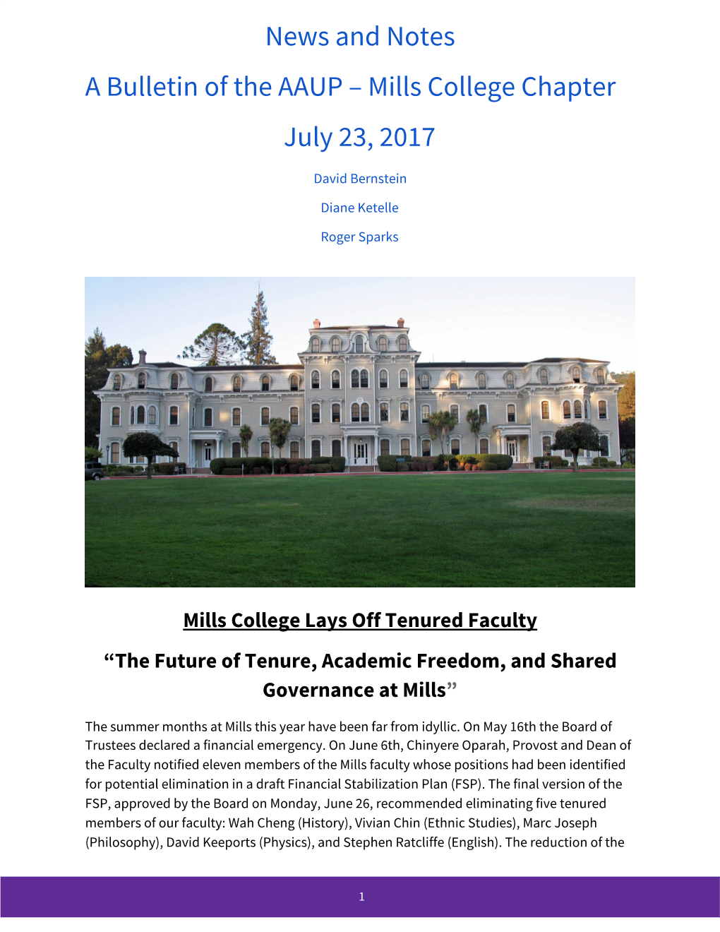 News and Notes a Bulletin of the AAUP – Mills College Chapter July 23, 2017