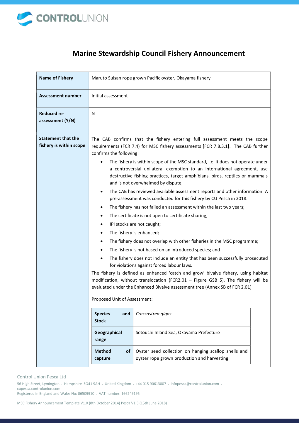 Marine Stewardship Council Fishery Announcement