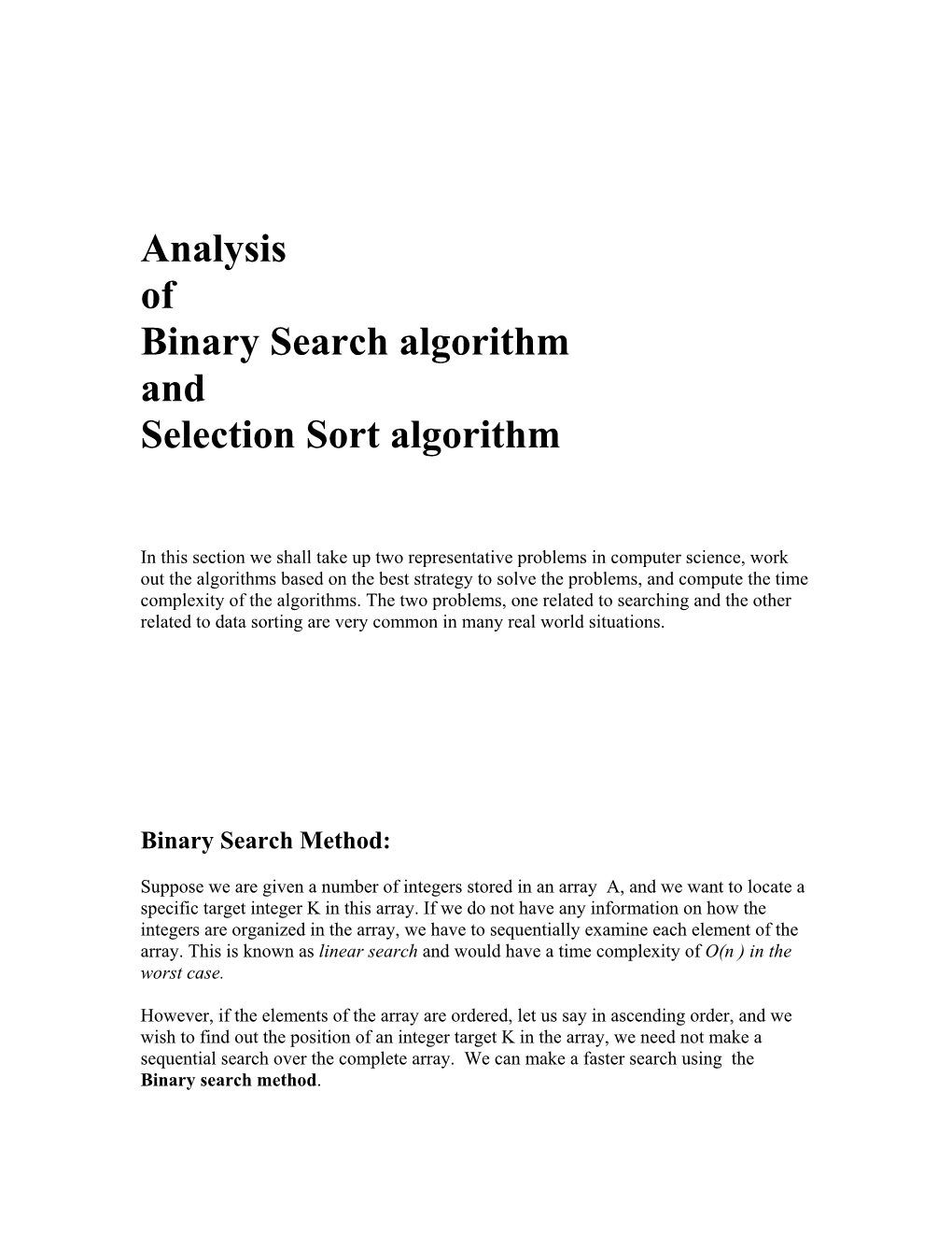 Analysis of Binary Search Algorithm and Selection Sort Algorithm