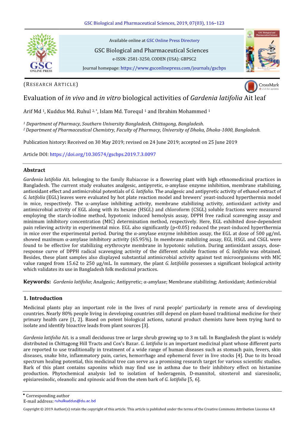 Evaluation of in Vivo and in Vitro Biological Activities of Gardenia Latifolia Ait Leaf