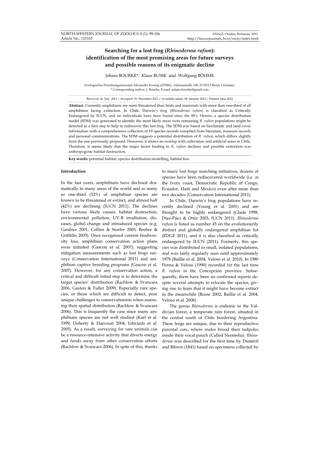 Rhinoderma Rufum): Identification of the Most Promising Areas for Future Surveys and Possible Reasons of Its Enigmatic Decline