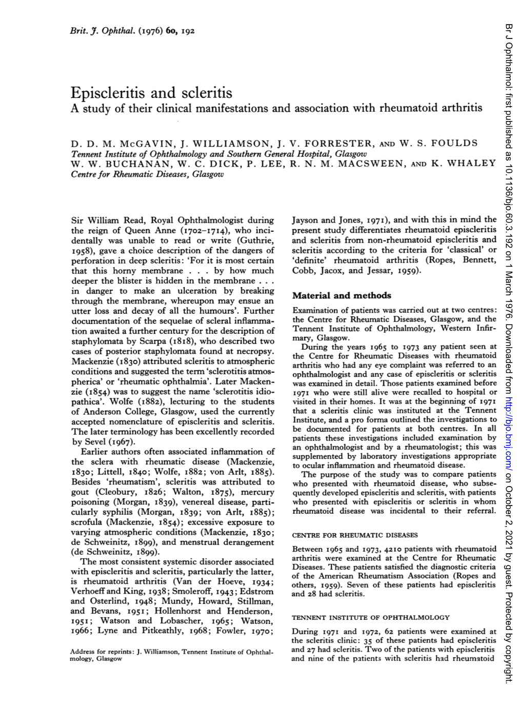 Episcleritis and Scleritis a Study of Their Clinical Manifestations and Association with Rheumatoid Arthritis