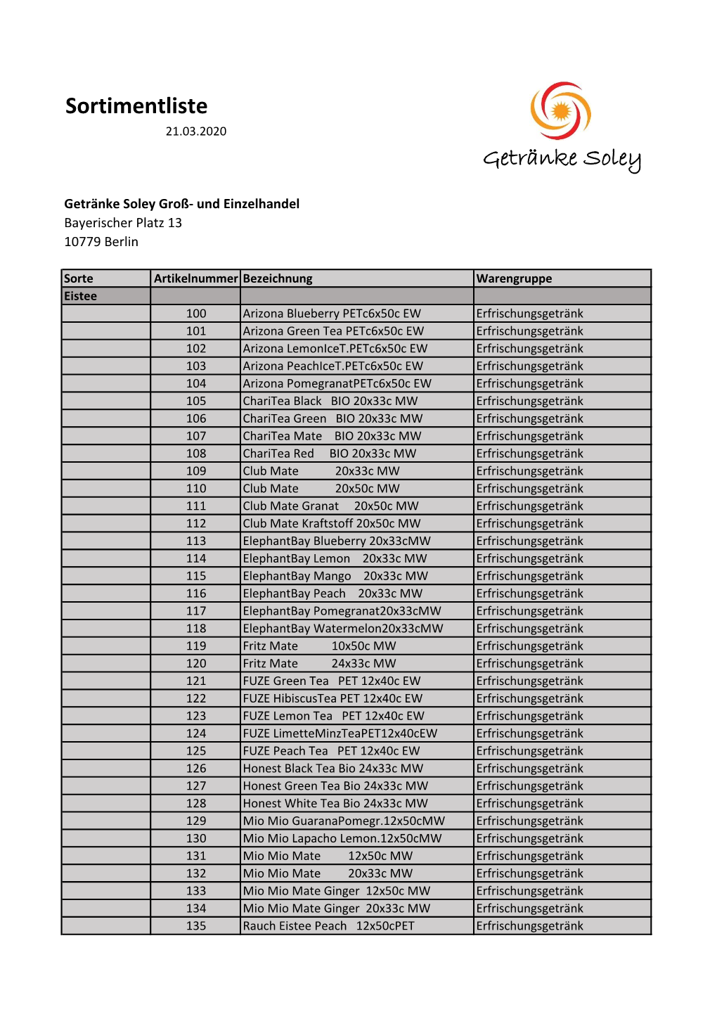 Sortimentliste Getränke Soley