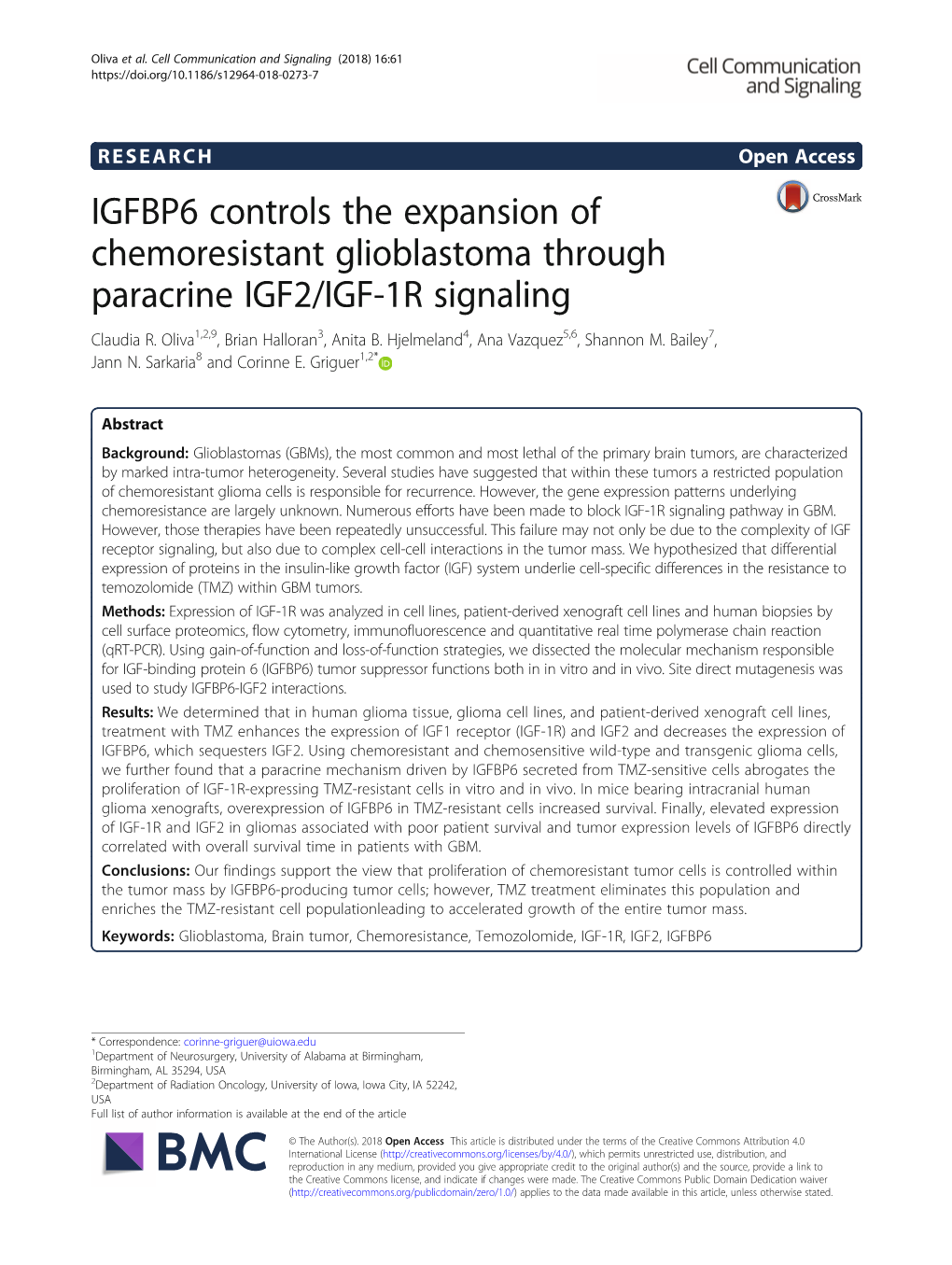 IGFBP6 Controls the Expansion of Chemoresistant Glioblastoma Through Paracrine IGF2/IGF-1R Signaling Claudia R