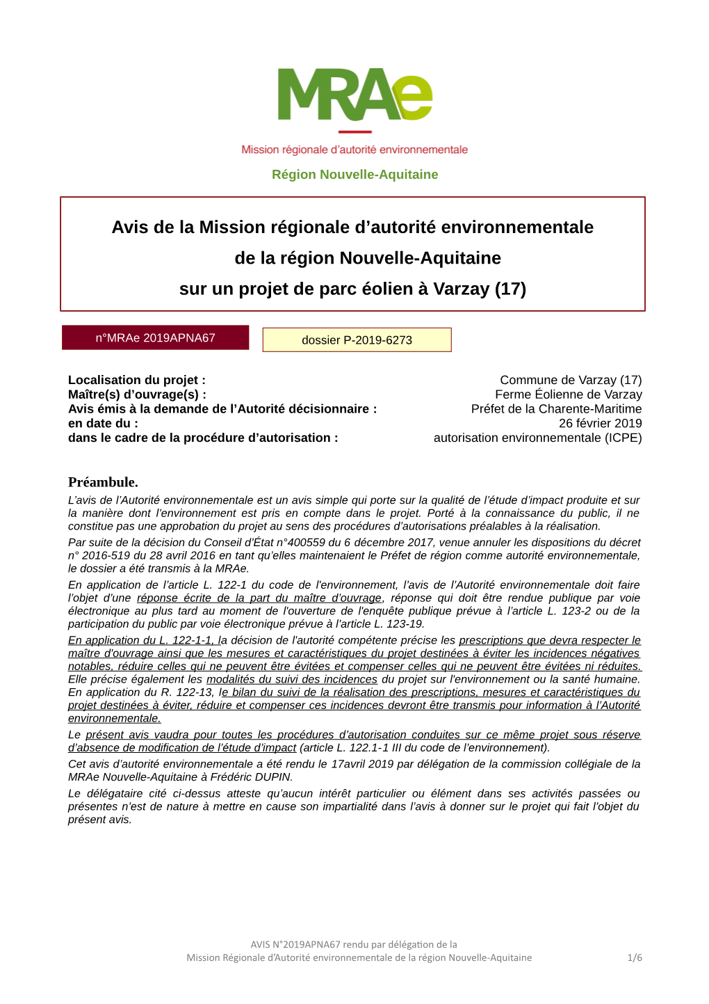 Avis De La Mission Régionale D'autorité Environnementale De La Région