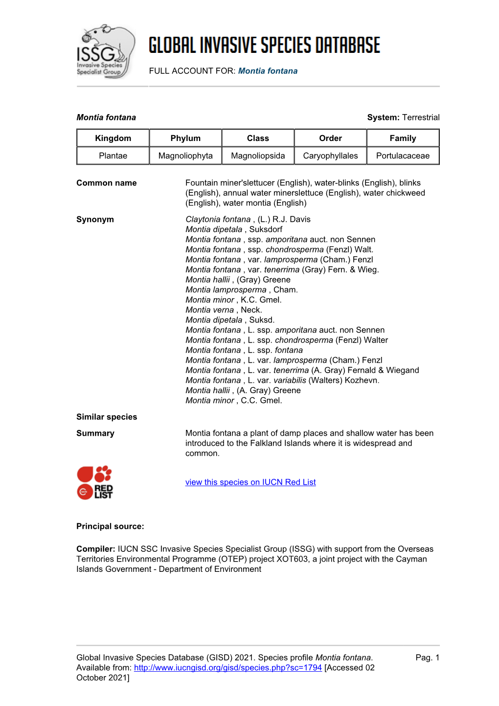 Montia Fontana Global Invasive Species Database (GISD)