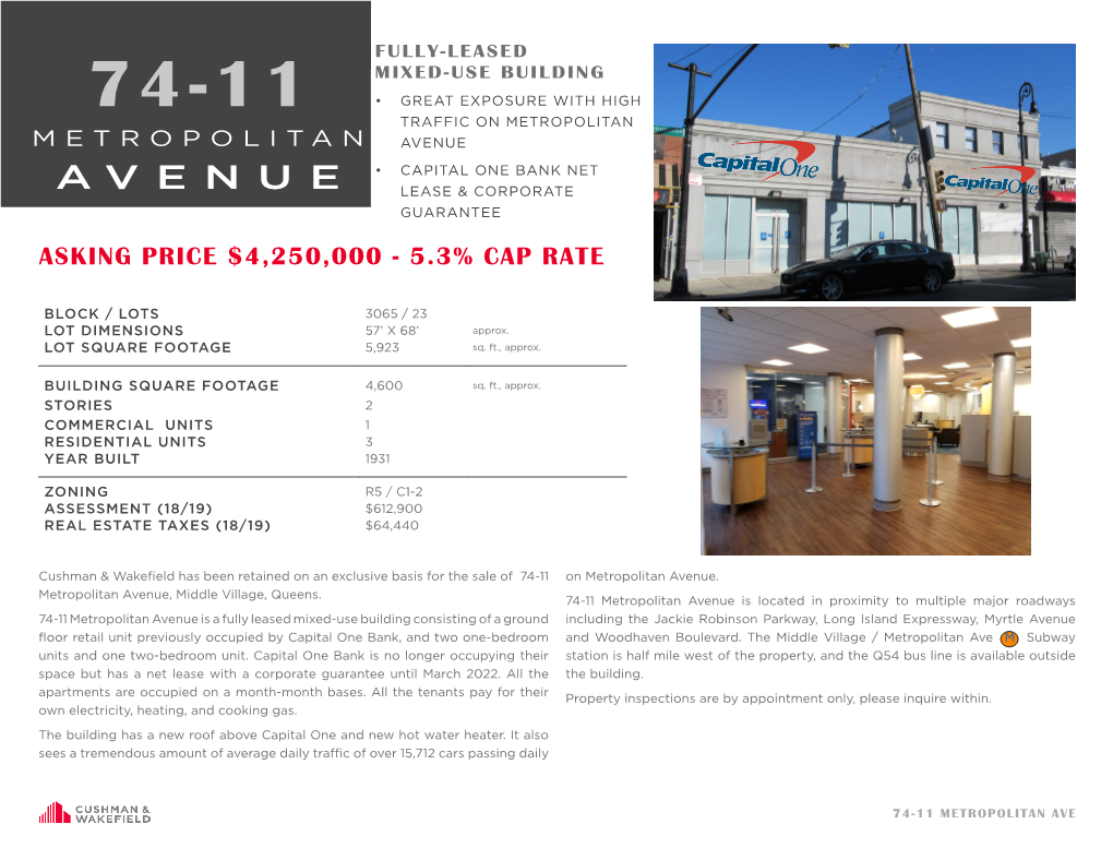 74-11 Metropolitan Avenue, Middle Village Asking Price $4,250,000 - 5.3% Cap Rate