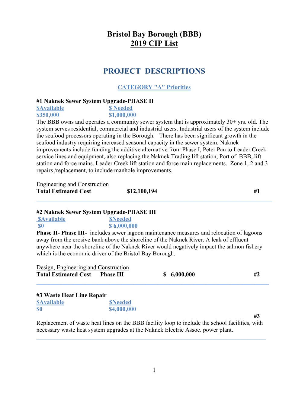 Bristol Bay Borough (BBB) 2019 CIP List PROJECT DESCRIPTIONS