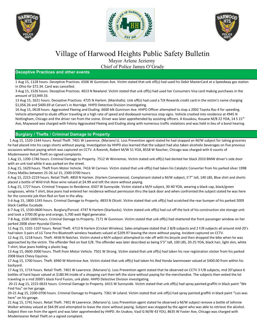 Village of Harwood Heights Public Safety Bulletin