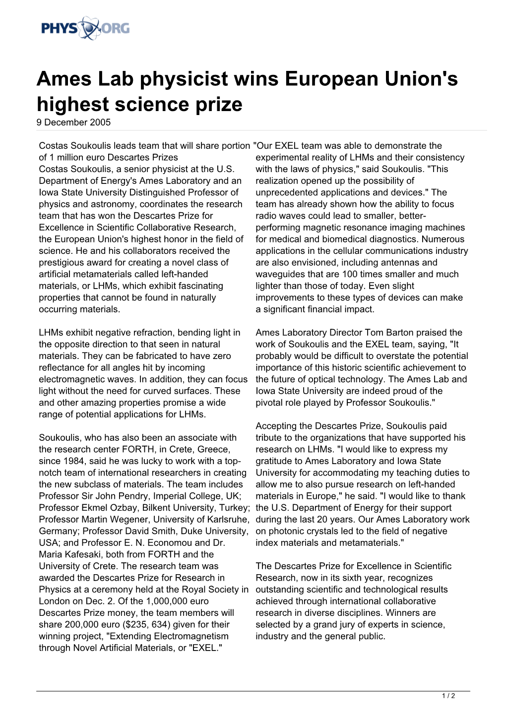 Ames Lab Physicist Wins European Union's Highest Science Prize 9 December 2005