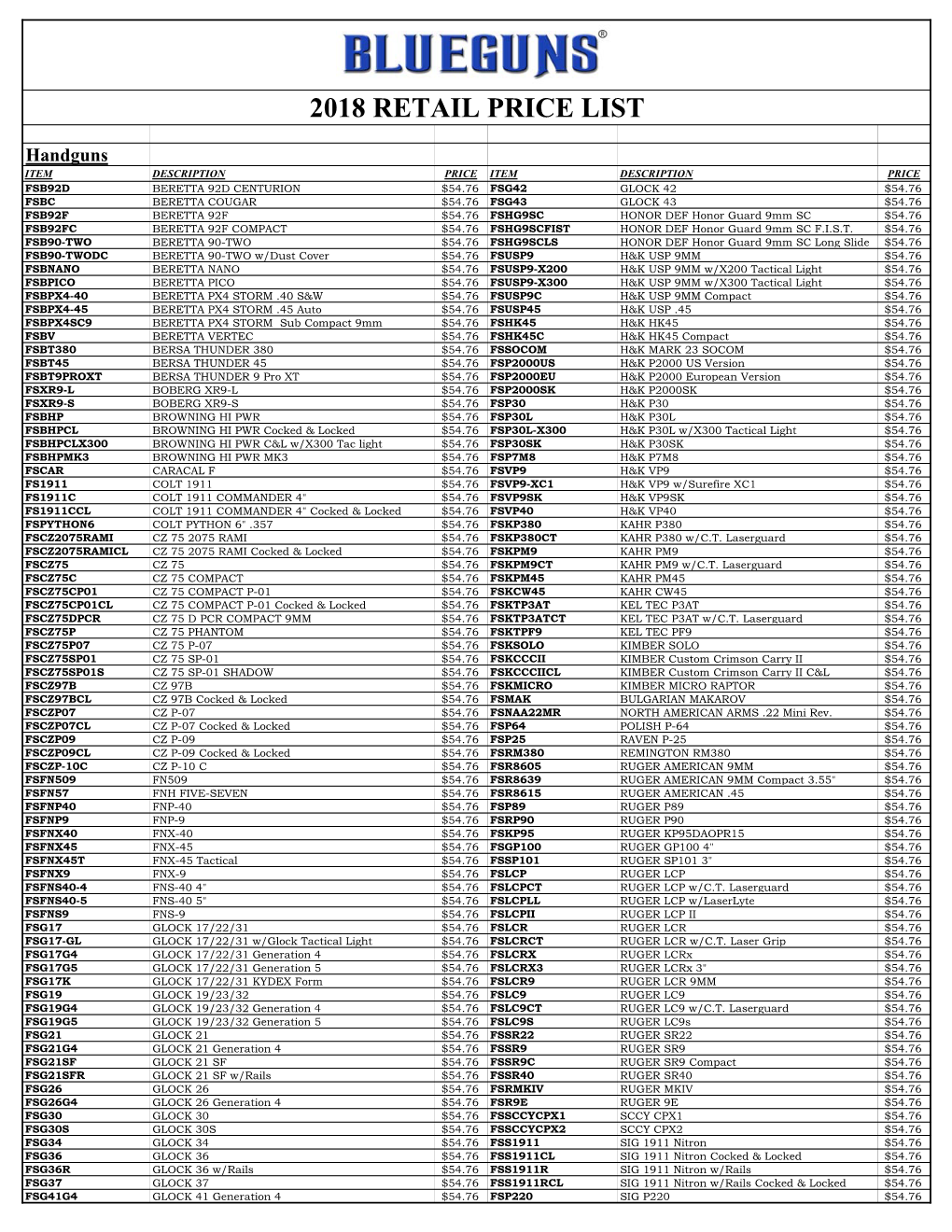 2018 Retail Price List