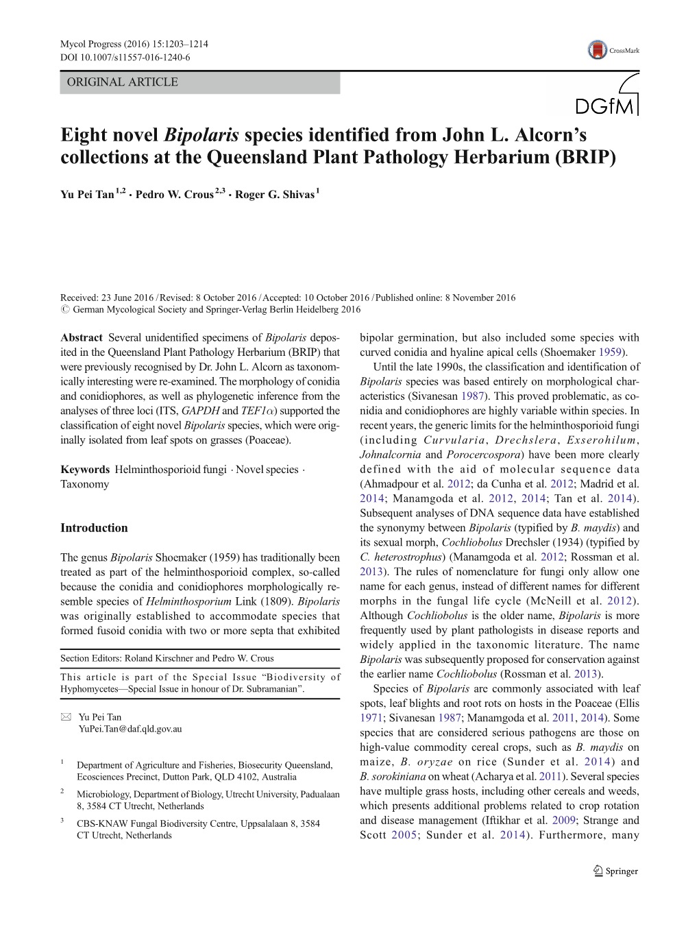 Eight Novel Bipolaris Species Identified from John L. Alcorn's