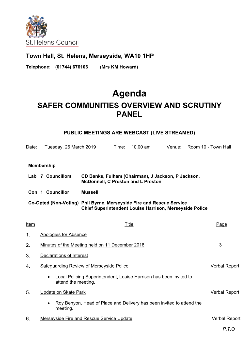 (Public Pack)Agenda Document for Safer Communities Overview and Scrutiny Panel, 26/03/2019 10:00