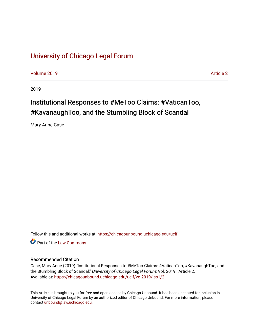 Institutional Responses to #Metoo Claims: #Vaticantoo, #Kavanaughtoo, and the Stumbling Block of Scandal