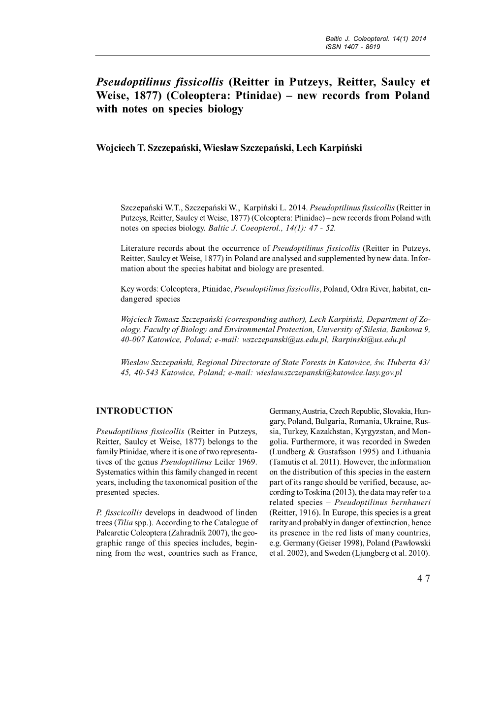 Pseudoptilinus Fissicollis (Reitter in Putzeys, Reitter, Saulcy Et Weise, 1877) (Coleoptera: Ptinidae) – New Records from Poland with Notes on Species Biology