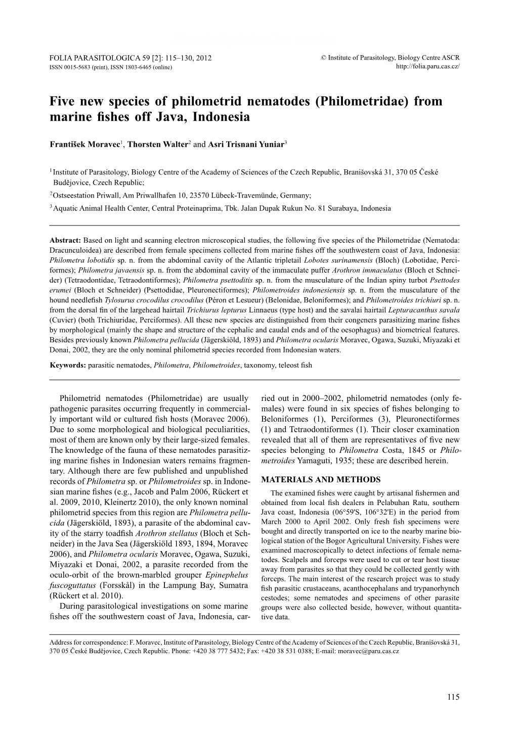 Philometridae) from Marine Fishes Off Java, Indonesia